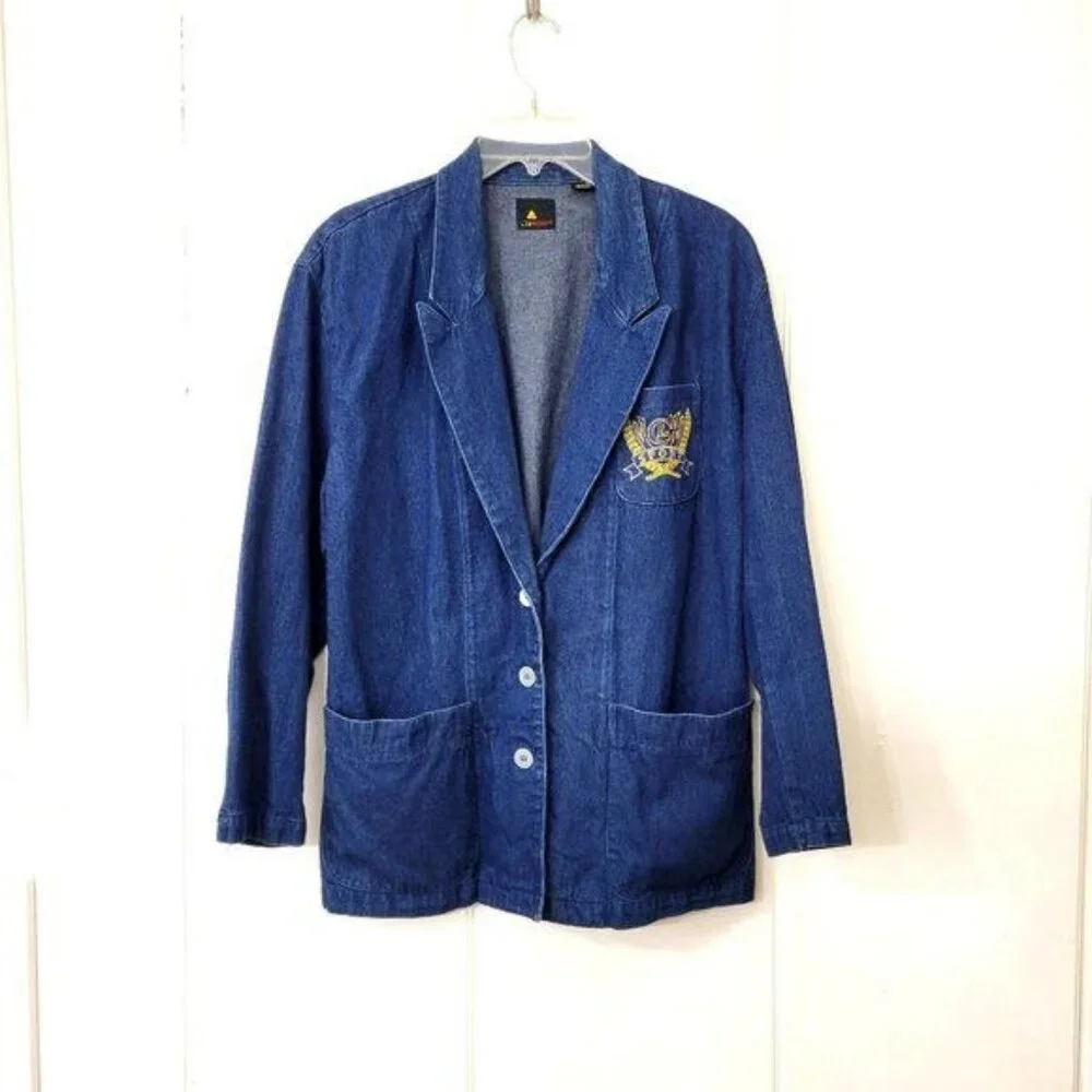 Liz Sport Vintage Denim Blazer With Embroidered Crest - Picture 1 of 4